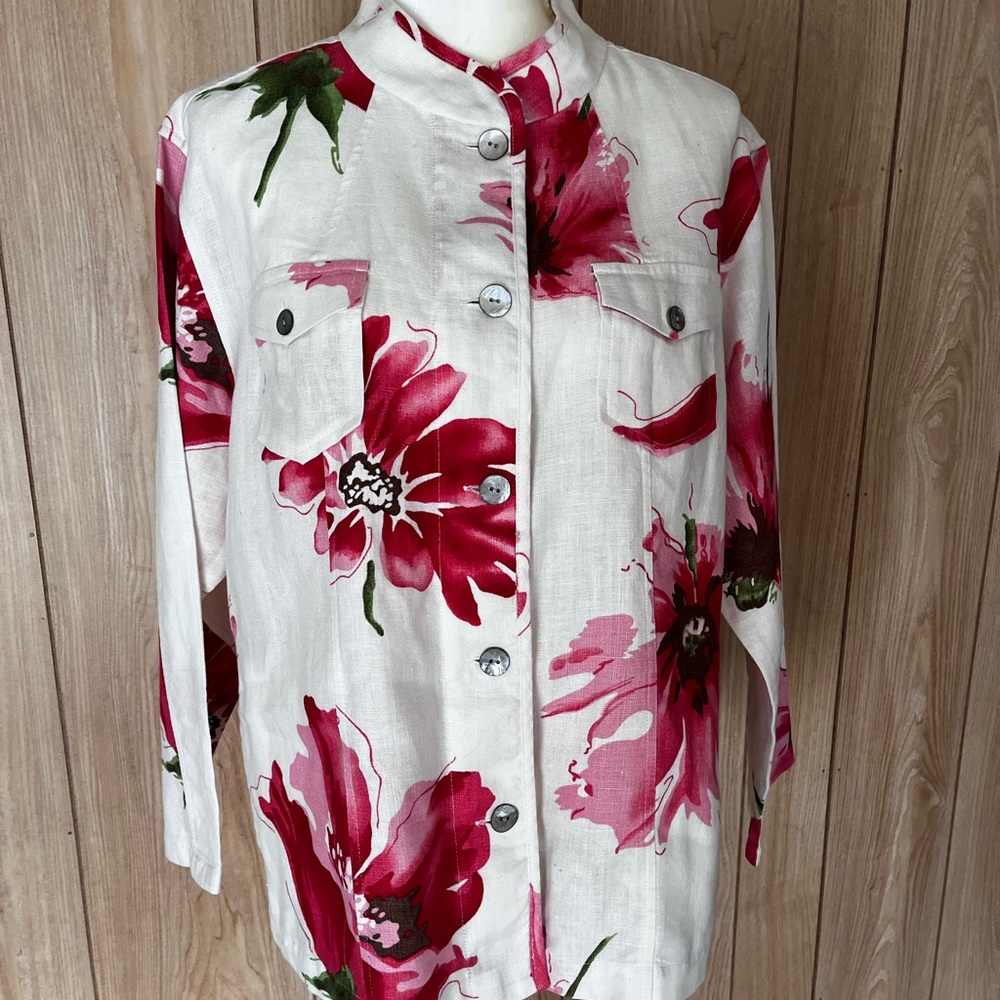 Chico's White Button-Front Top with Pink & Red Floral Print